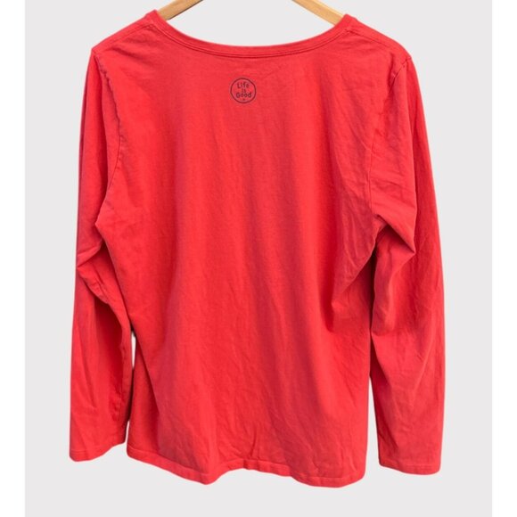 Life is Good Merry Santa Hat Red V-Neck Long Sleeve Holiday Christmas Shirt - Picture 4 of 5